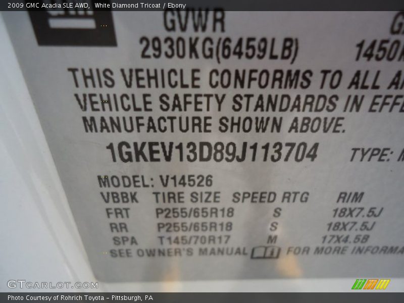 White Diamond Tricoat / Ebony 2009 GMC Acadia SLE AWD