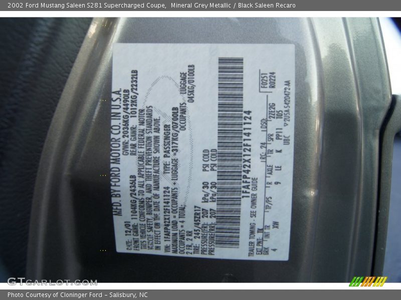 2002 Mustang Saleen S281 Supercharged Coupe Mineral Grey Metallic Color Code TK