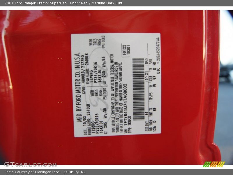 2004 Ranger Tremor SuperCab Bright Red Color Code E4
