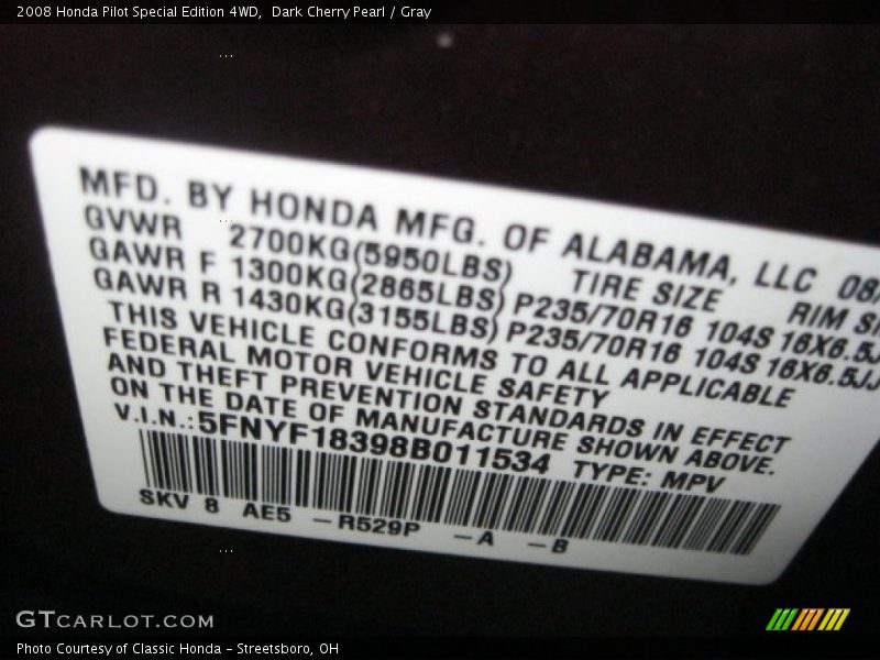 Dark Cherry Pearl / Gray 2008 Honda Pilot Special Edition 4WD