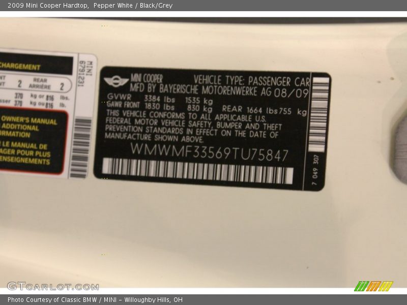 Pepper White / Black/Grey 2009 Mini Cooper Hardtop