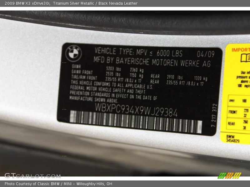 Titanium Silver Metallic / Black Nevada Leather 2009 BMW X3 xDrive30i