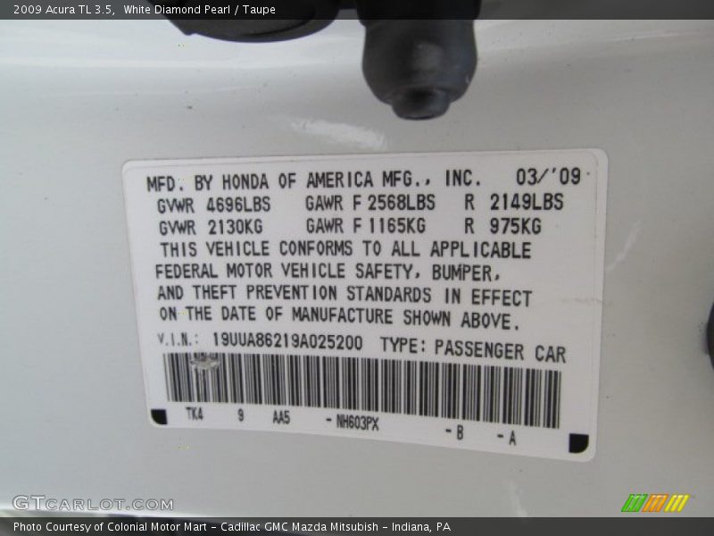 White Diamond Pearl / Taupe 2009 Acura TL 3.5