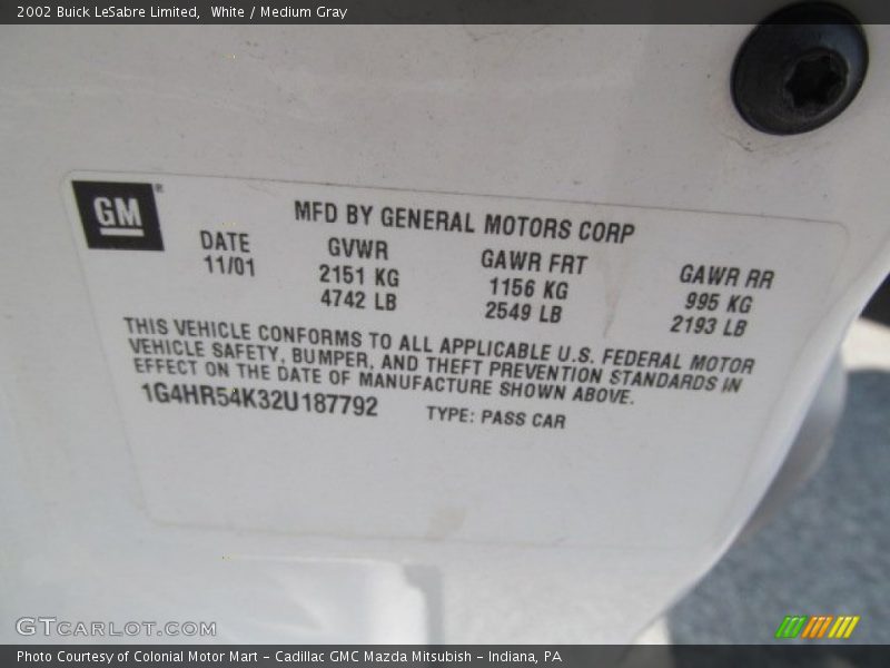 White / Medium Gray 2002 Buick LeSabre Limited