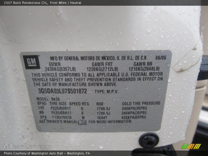 Frost White / Neutral 2007 Buick Rendezvous CXL