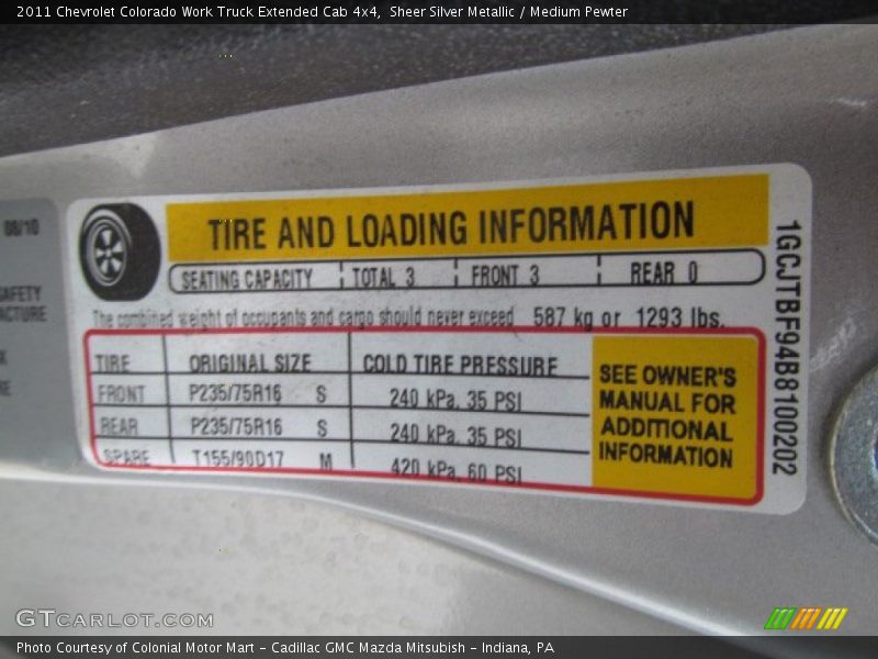 Info Tag of 2011 Colorado Work Truck Extended Cab 4x4