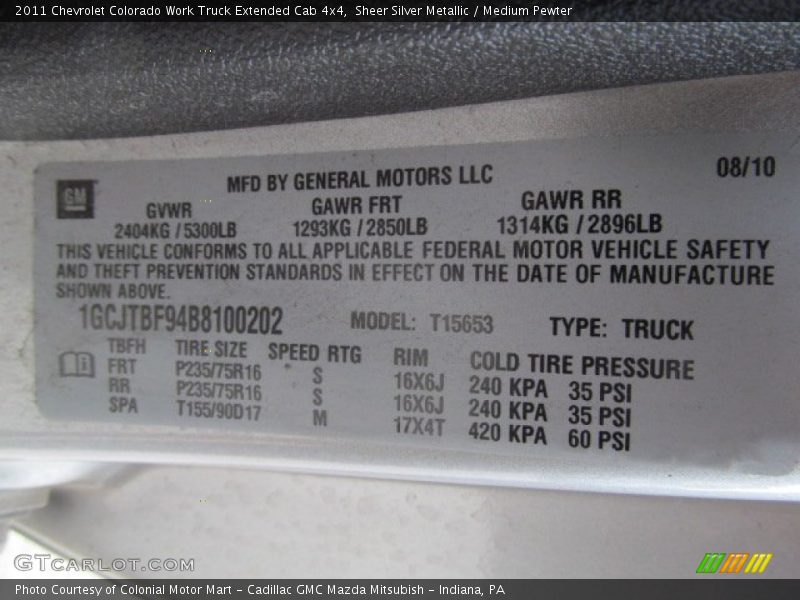 Info Tag of 2011 Colorado Work Truck Extended Cab 4x4