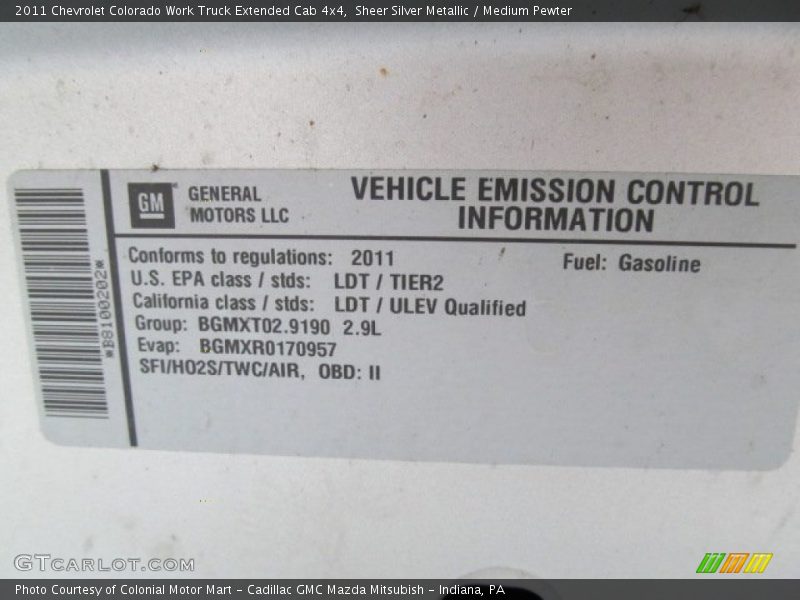 Info Tag of 2011 Colorado Work Truck Extended Cab 4x4