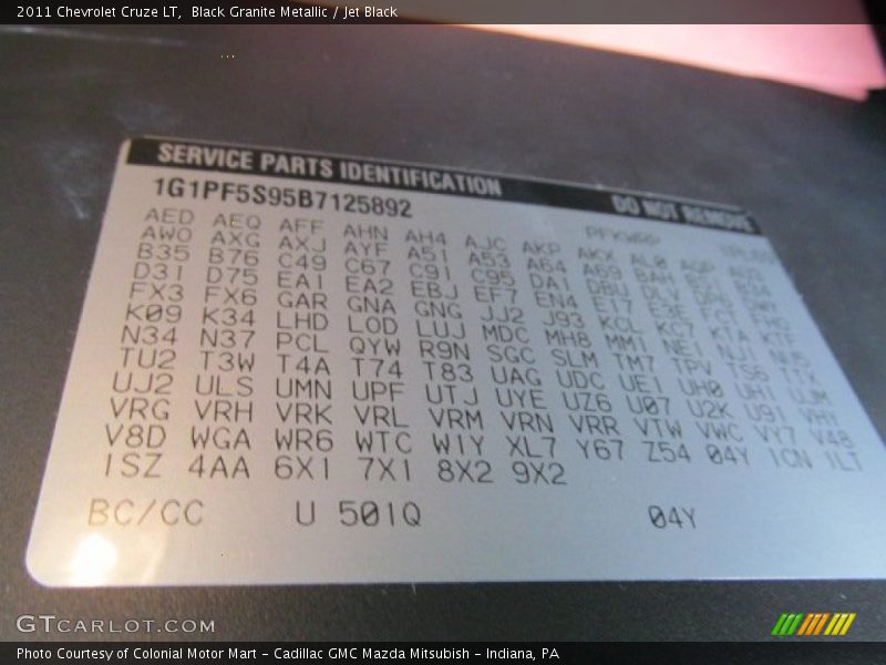 2011 Cruze LT Black Granite Metallic Color Code 501Q
