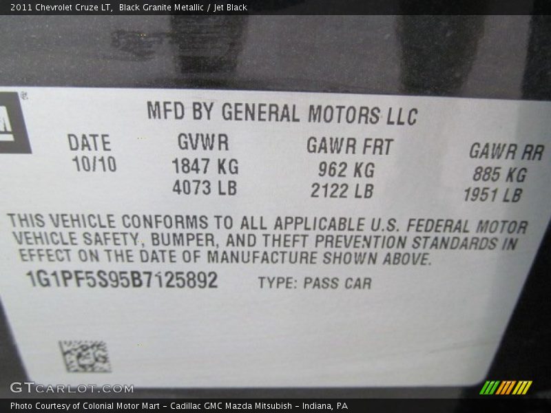 Info Tag of 2011 Cruze LT