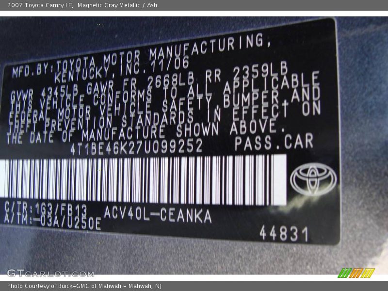 Magnetic Gray Metallic / Ash 2007 Toyota Camry LE