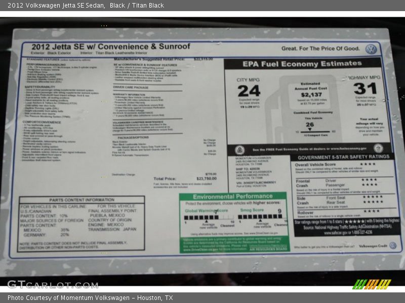 Black / Titan Black 2012 Volkswagen Jetta SE Sedan