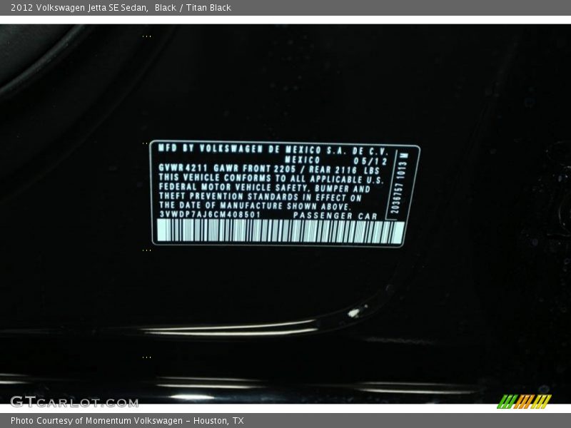 Black / Titan Black 2012 Volkswagen Jetta SE Sedan