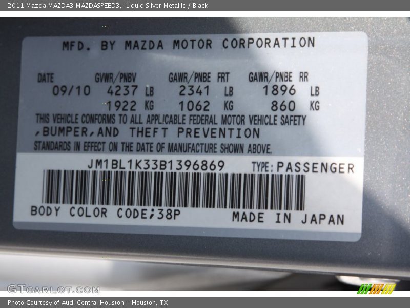 2011 MAZDA3 MAZDASPEED3 Liquid Silver Metallic Color Code 38P