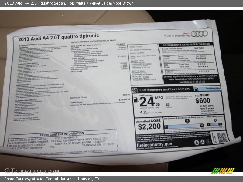  2013 A4 2.0T quattro Sedan Window Sticker