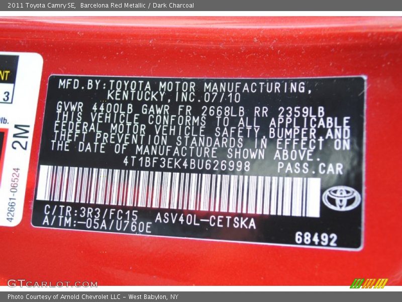 Barcelona Red Metallic / Dark Charcoal 2011 Toyota Camry SE