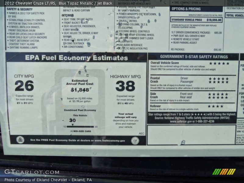 Blue Topaz Metallic / Jet Black 2012 Chevrolet Cruze LT/RS