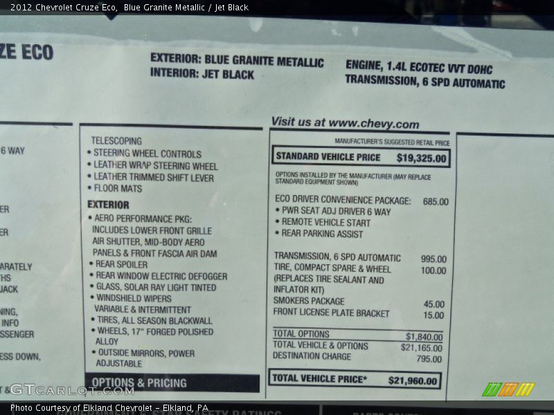 Blue Granite Metallic / Jet Black 2012 Chevrolet Cruze Eco