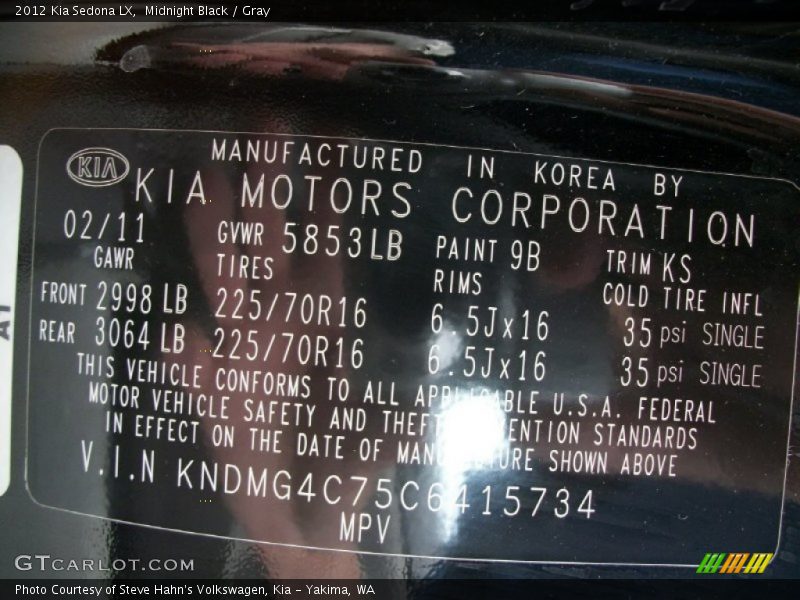 Midnight Black / Gray 2012 Kia Sedona LX