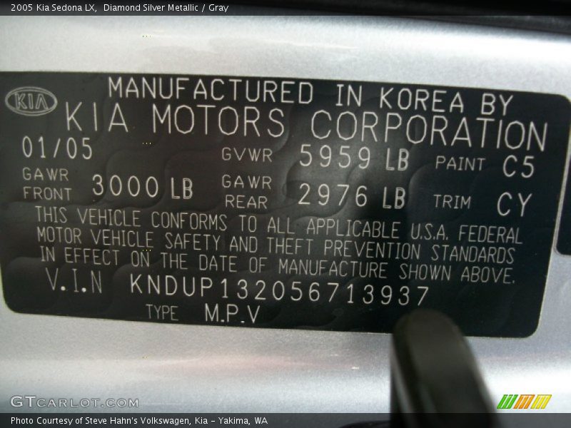 Diamond Silver Metallic / Gray 2005 Kia Sedona LX