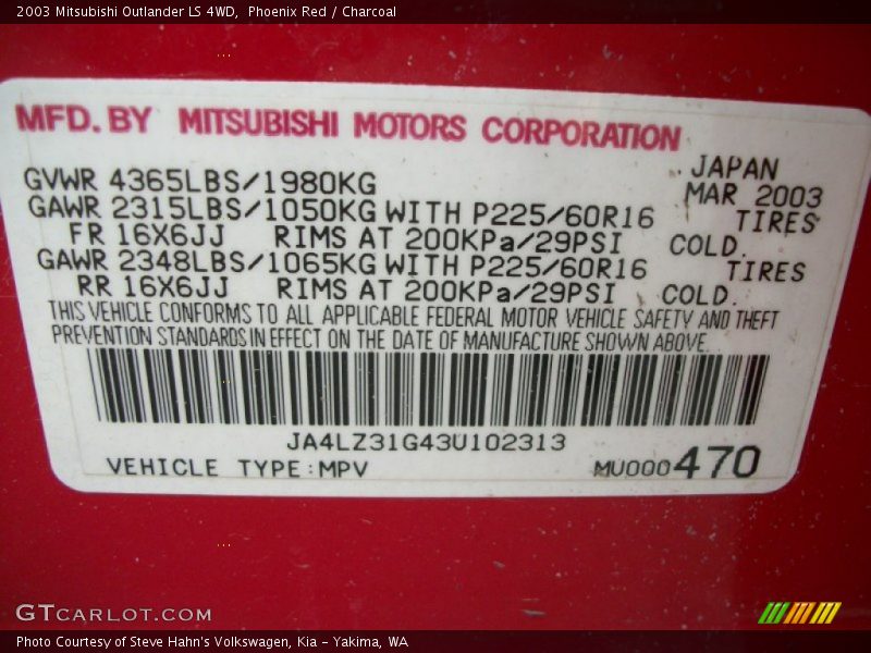 Phoenix Red / Charcoal 2003 Mitsubishi Outlander LS 4WD