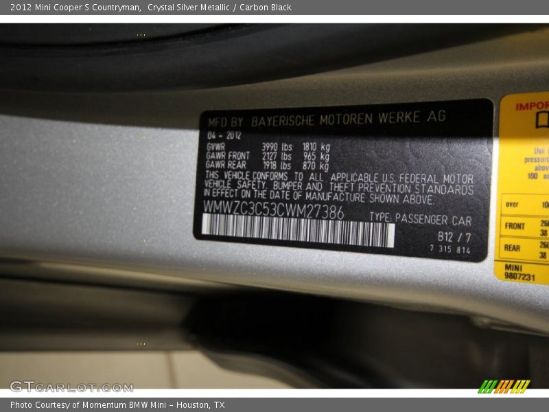 2012 Cooper S Countryman Crystal Silver Metallic Color Code B12