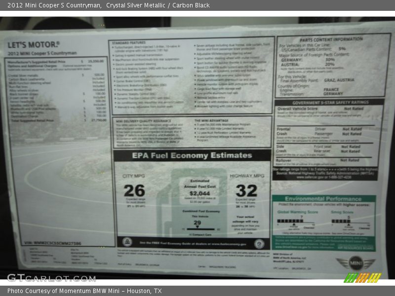  2012 Cooper S Countryman Window Sticker