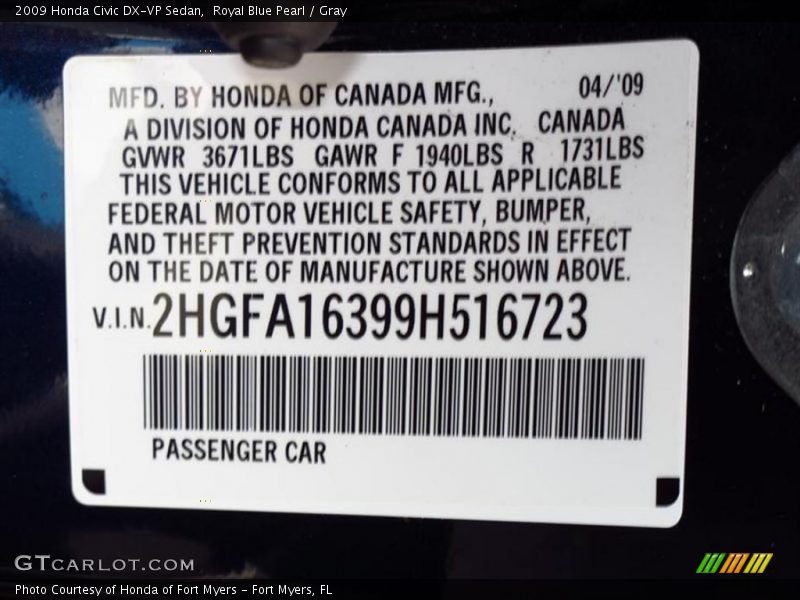Royal Blue Pearl / Gray 2009 Honda Civic DX-VP Sedan