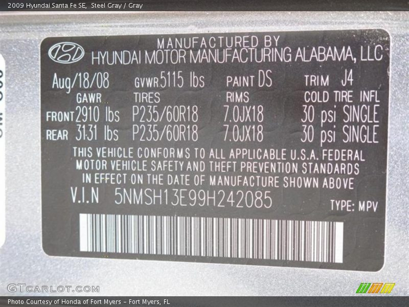 Steel Gray / Gray 2009 Hyundai Santa Fe SE