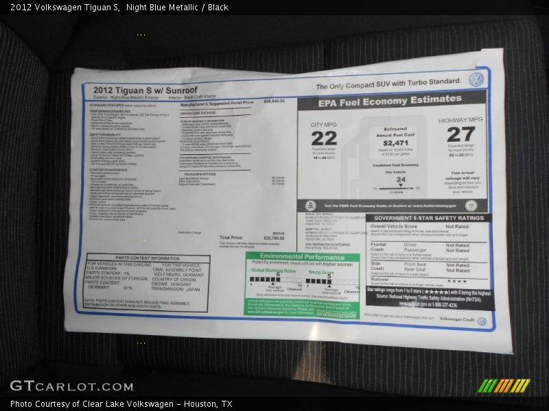 Night Blue Metallic / Black 2012 Volkswagen Tiguan S
