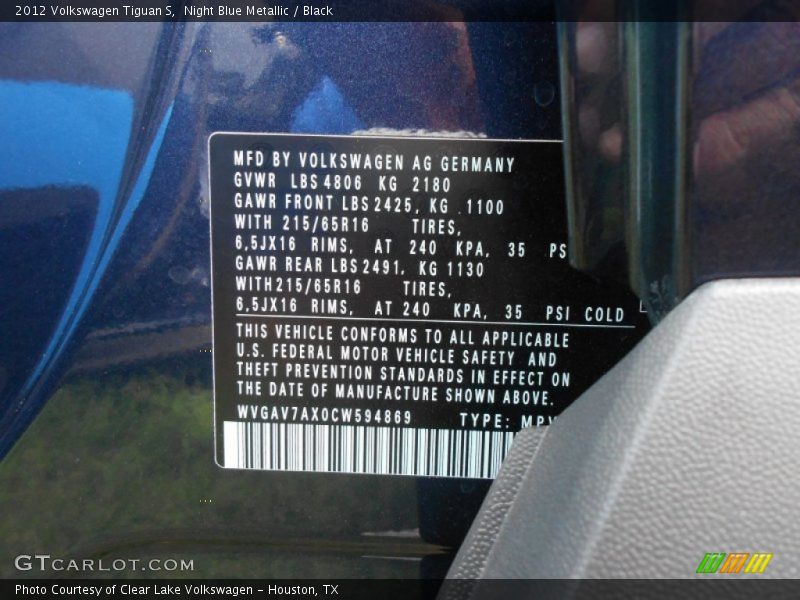 Night Blue Metallic / Black 2012 Volkswagen Tiguan S