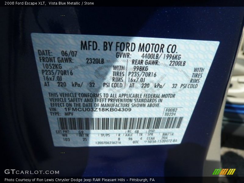 Vista Blue Metallic / Stone 2008 Ford Escape XLT