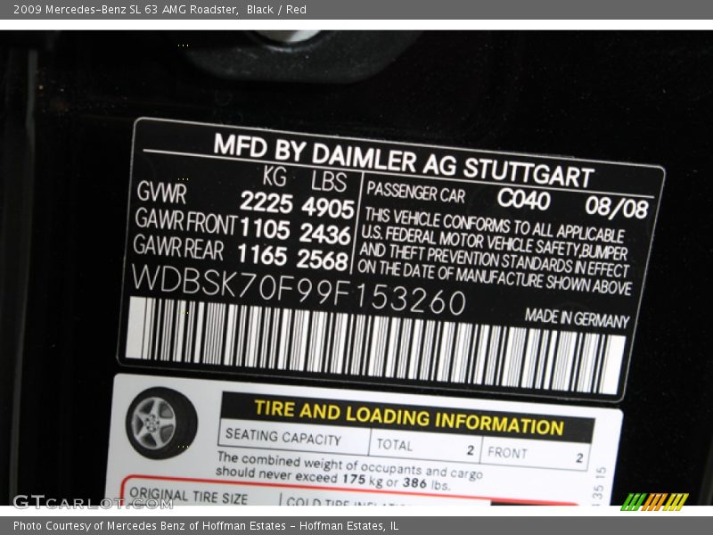 2009 SL 63 AMG Roadster Black Color Code 040