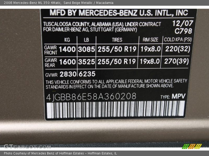 2008 ML 350 4Matic Sand Beige Metallic Color Code 798