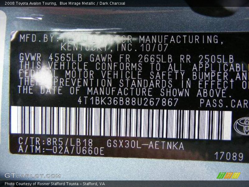 Blue Mirage Metallic / Dark Charcoal 2008 Toyota Avalon Touring