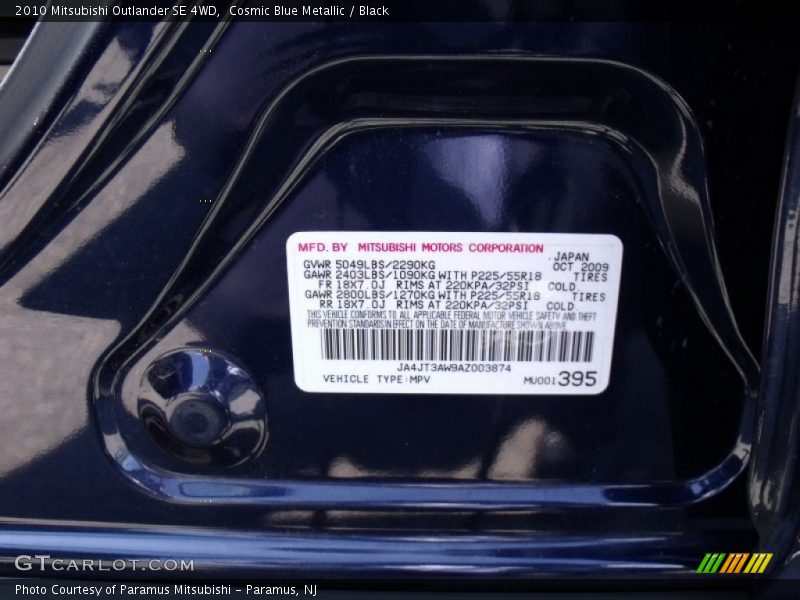 Cosmic Blue Metallic / Black 2010 Mitsubishi Outlander SE 4WD
