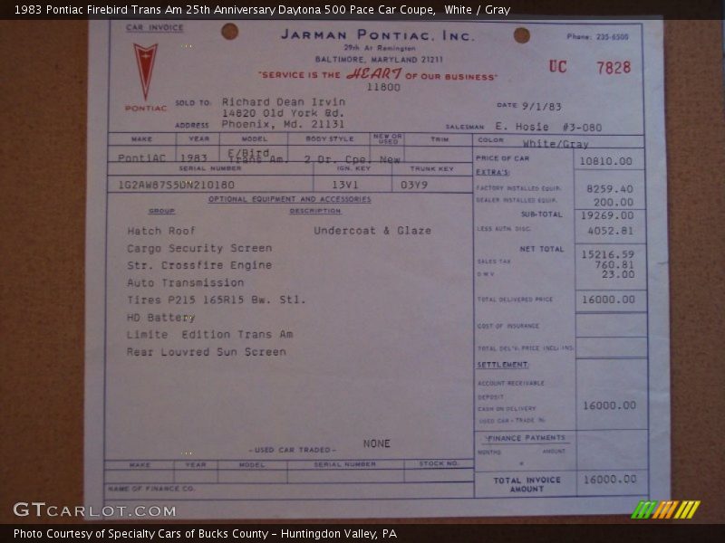 Info Tag of 1983 Firebird Trans Am 25th Anniversary Daytona 500 Pace Car Coupe