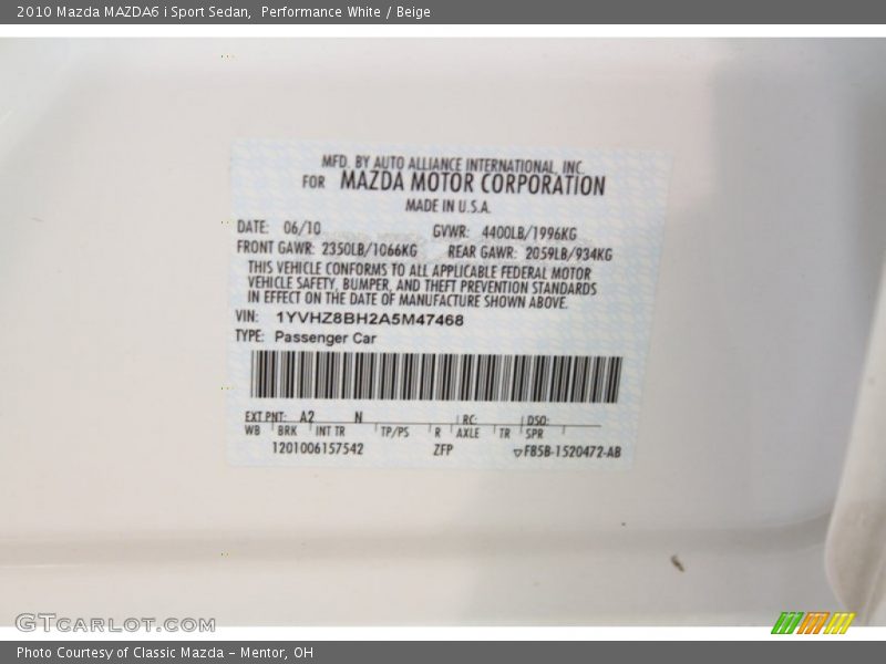 Performance White / Beige 2010 Mazda MAZDA6 i Sport Sedan