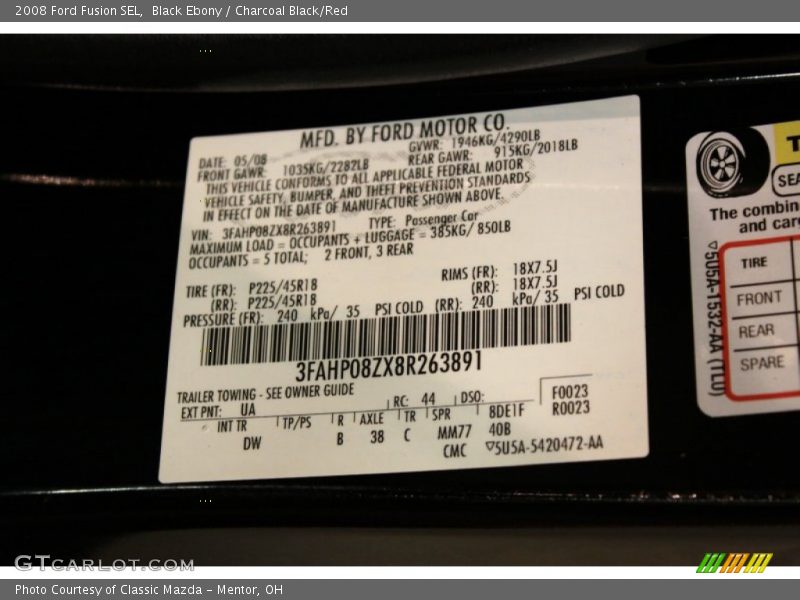 2008 Fusion SEL Black Ebony Color Code UA