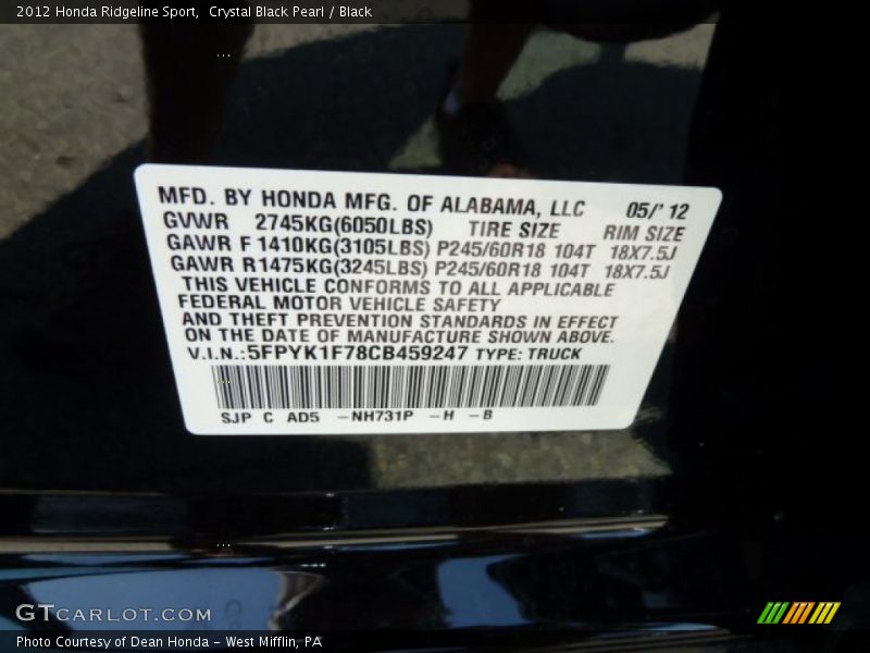 2012 Ridgeline Sport Crystal Black Pearl Color Code NH731P