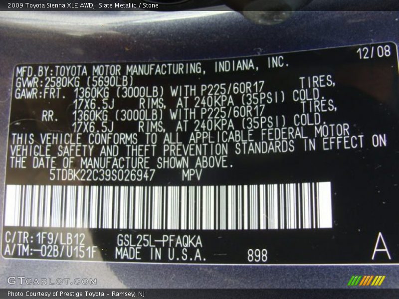 Slate Metallic / Stone 2009 Toyota Sienna XLE AWD