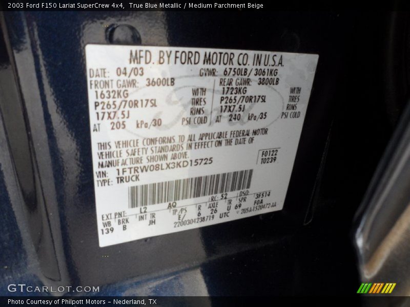 True Blue Metallic / Medium Parchment Beige 2003 Ford F150 Lariat SuperCrew 4x4