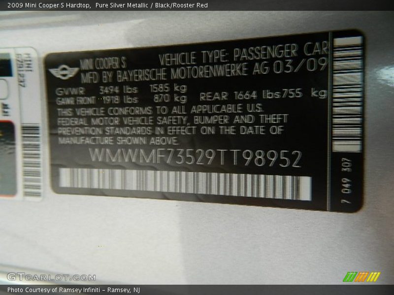 Pure Silver Metallic / Black/Rooster Red 2009 Mini Cooper S Hardtop