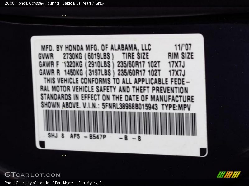 Baltic Blue Pearl / Gray 2008 Honda Odyssey Touring