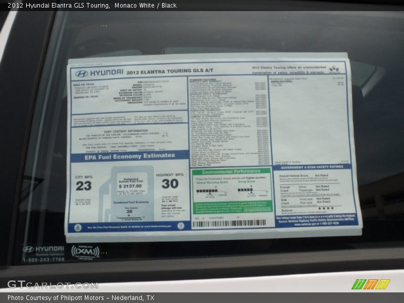  2012 Elantra GLS Touring Window Sticker