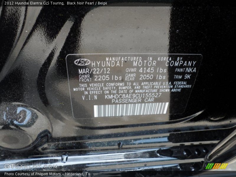 2012 Elantra GLS Touring Black Noir Pearl Color Code NKA
