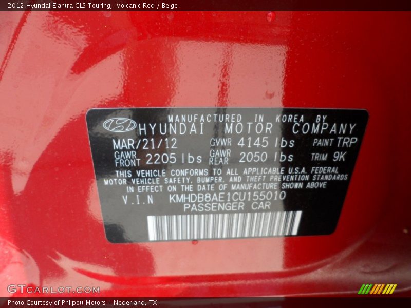 2012 Elantra GLS Touring Volcanic Red Color Code TRP