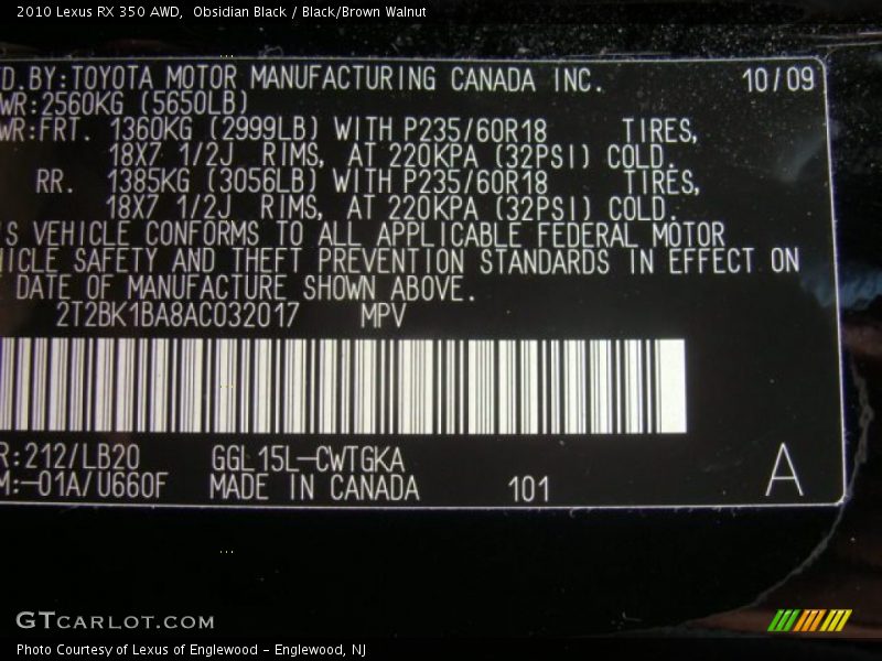 Obsidian Black / Black/Brown Walnut 2010 Lexus RX 350 AWD