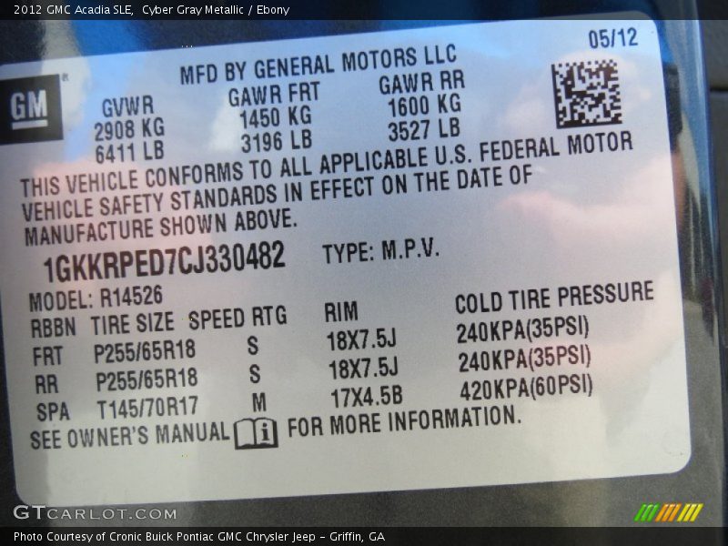Cyber Gray Metallic / Ebony 2012 GMC Acadia SLE