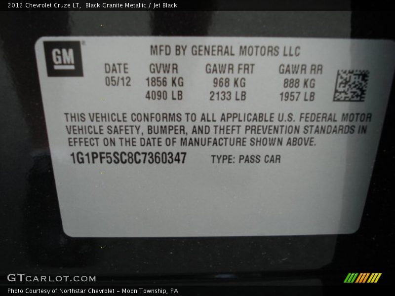 Black Granite Metallic / Jet Black 2012 Chevrolet Cruze LT